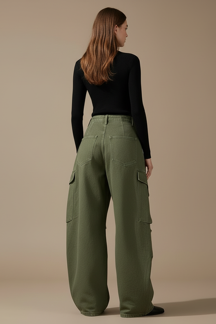 Pantalon Cargo Vert Ample Coton Multipoches Décontracté - Kaki - vue 2