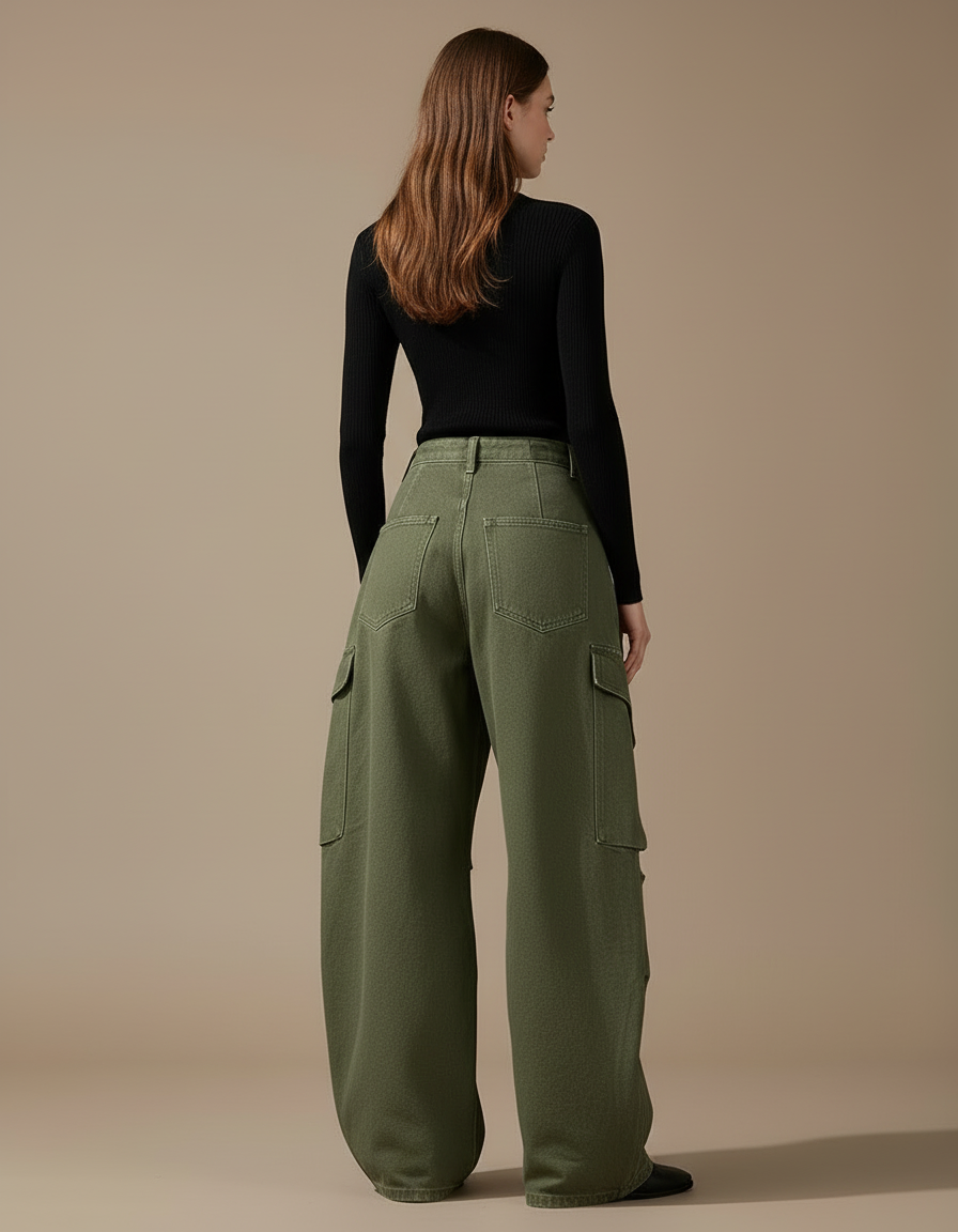 Pantalon Cargo Vert Ample Coton Multipoches Décontracté - Kaki - vue 2