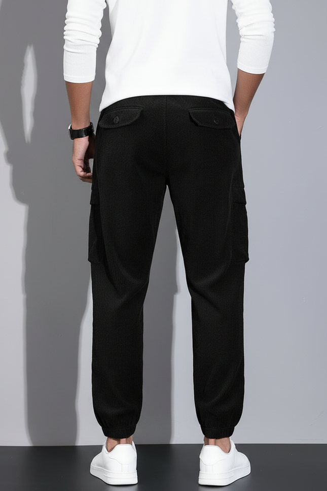 Pantalon Cargo Noir Côtelé Ample Homme Décontracté - Cordé - vue 2