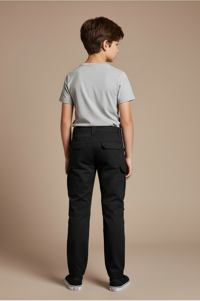 Pantalon Cargo Noir Coupe Droite Décontracté Multipoches Enfant - Toile - vue 2