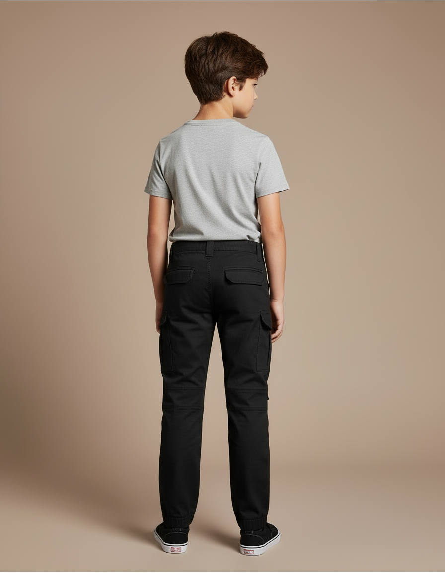 Pantalon Cargo Noir Coupe Droite Décontracté Multipoches Enfant - Toile - vue 2