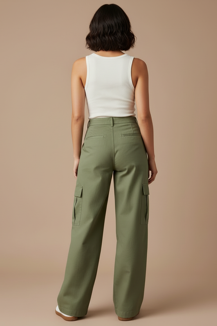 Pantalon Cargo Vert Ample Décontracté Femme - Kaki Gabardine - vue 2