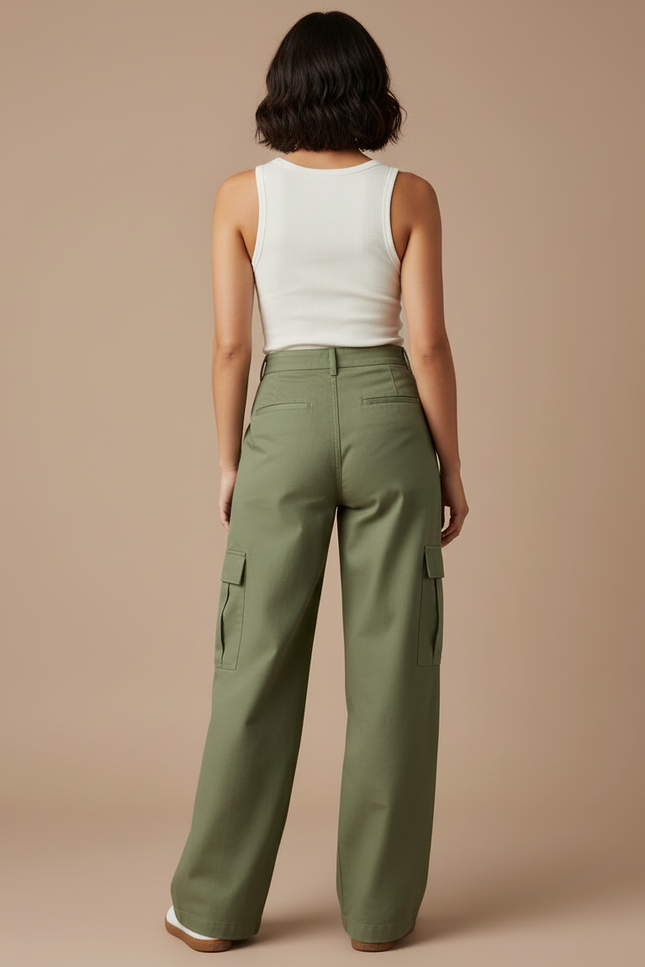 Pantalon Cargo Vert Ample Décontracté Femme - Kaki Gabardine - vue 2