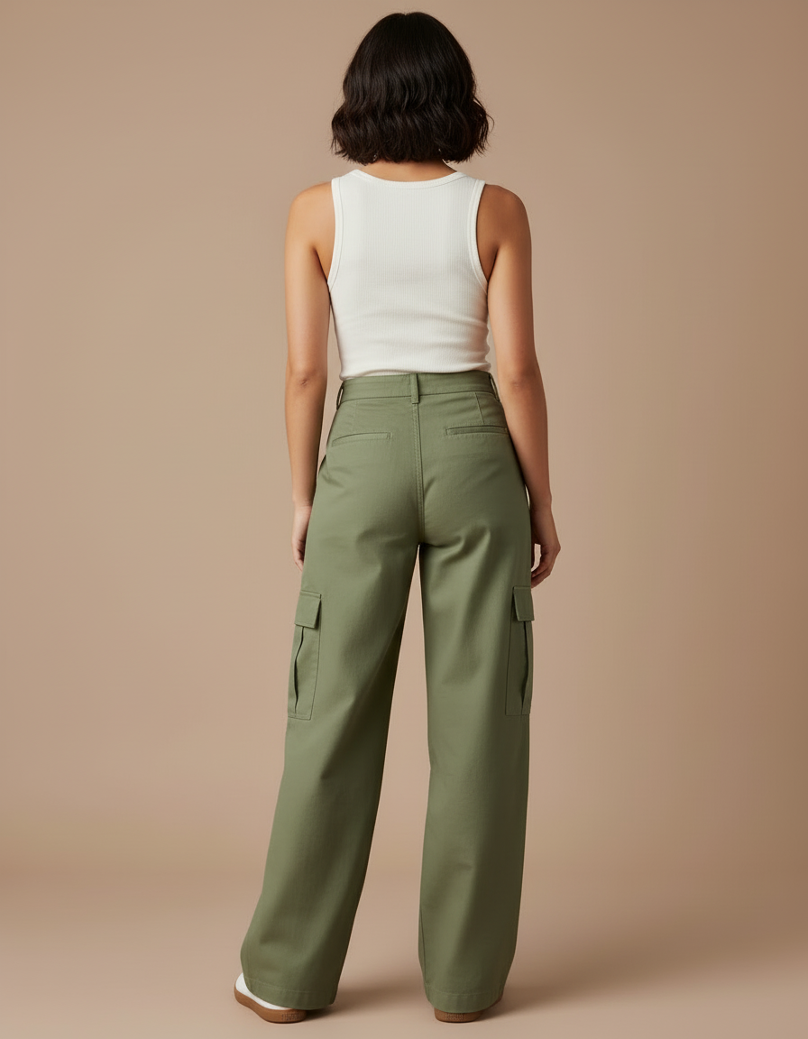 Pantalon Cargo Vert Ample Décontracté Femme - Kaki Gabardine - vue 2