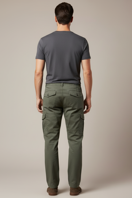 Pantalon Cargo Vert Coton Multipoches Ample Décontracté Homme - Kaki Toile - vue 2