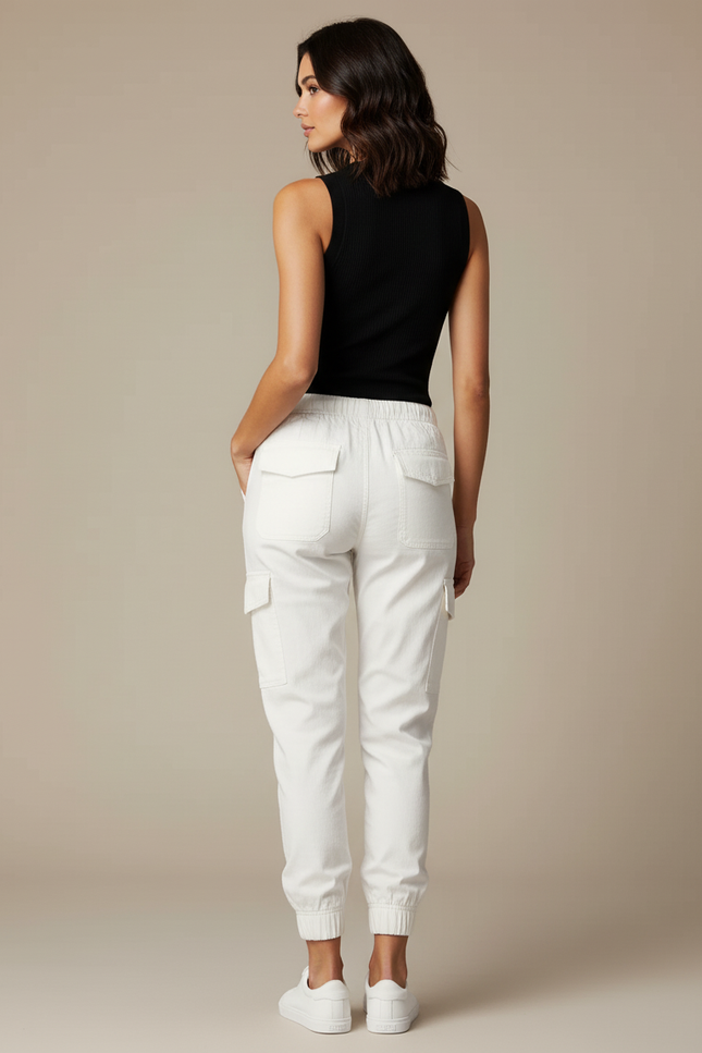 Pantalon Cargo Blanc Cordon Élastique Poches Latérales Jogger Femme - Cordé - vue 2