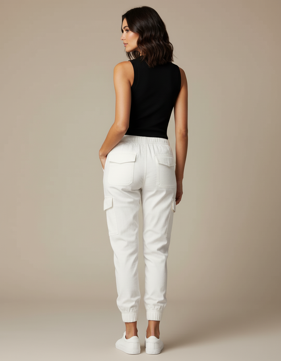 Pantalon Cargo Blanc Cordon Élastique Poches Latérales Jogger Femme - Cordé - vue 2