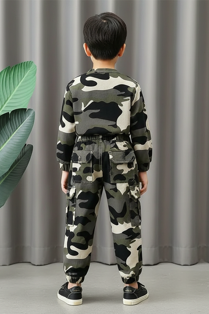 Pantalon Cargo Camouflage Enfant Vert Multipoches Élastiqué - Coton