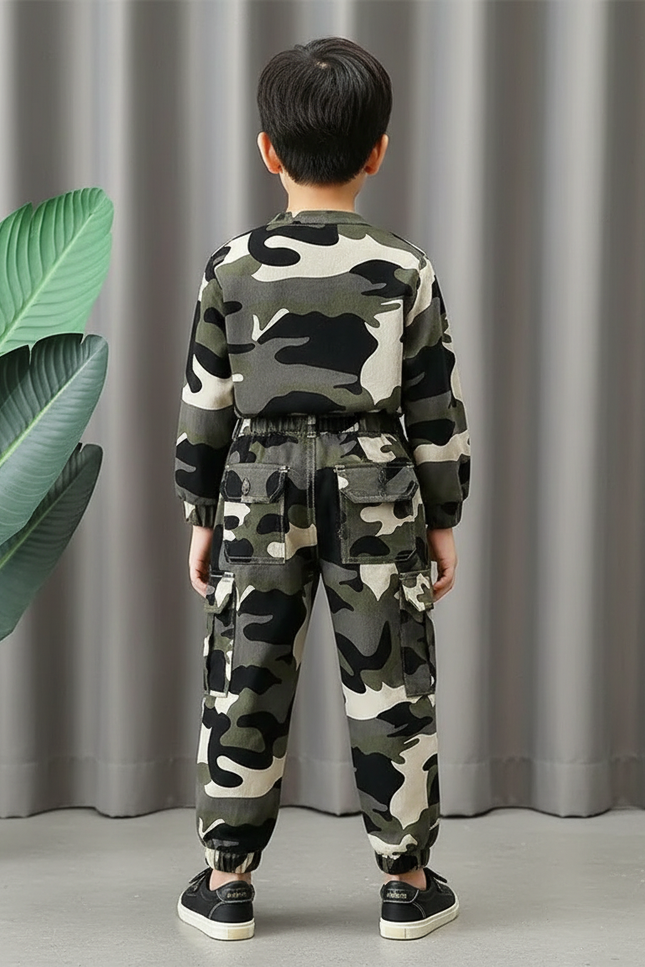 Pantalon Cargo Camouflage Enfant Vert Multipoches Élastiqué - Coton