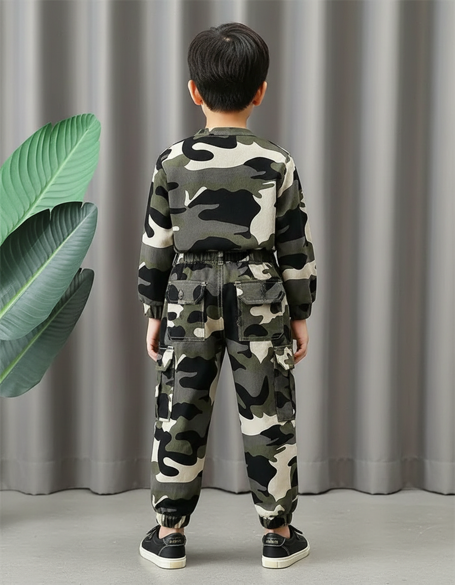 Pantalon Cargo Camouflage Enfant Vert Multipoches Élastiqué - Coton