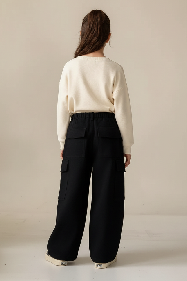 Pantalon Cargo Noir Ample Polaire Poches Enfant - Molleton - vue 2