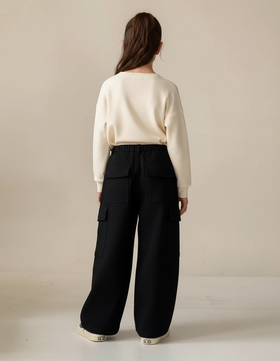 Pantalon Cargo Noir Ample Polaire Poches Enfant - Molleton - vue 2
