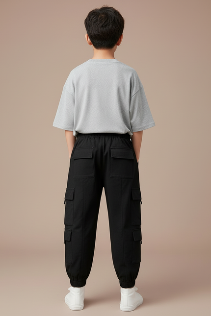 Pantalon Cargo Noir Ample Multipoches Enfant Décontracté - Toile - vue 2