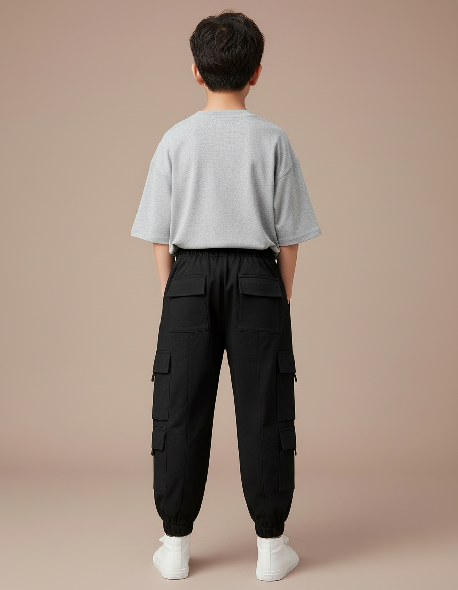 Pantalon Cargo Noir Ample Multipoches Enfant Décontracté - Toile - vue 2