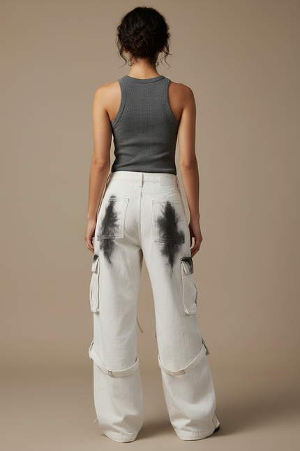 Pantalon Cargo Blanc Ample Imprimé Streetwear Femme - Toile - vue 2
