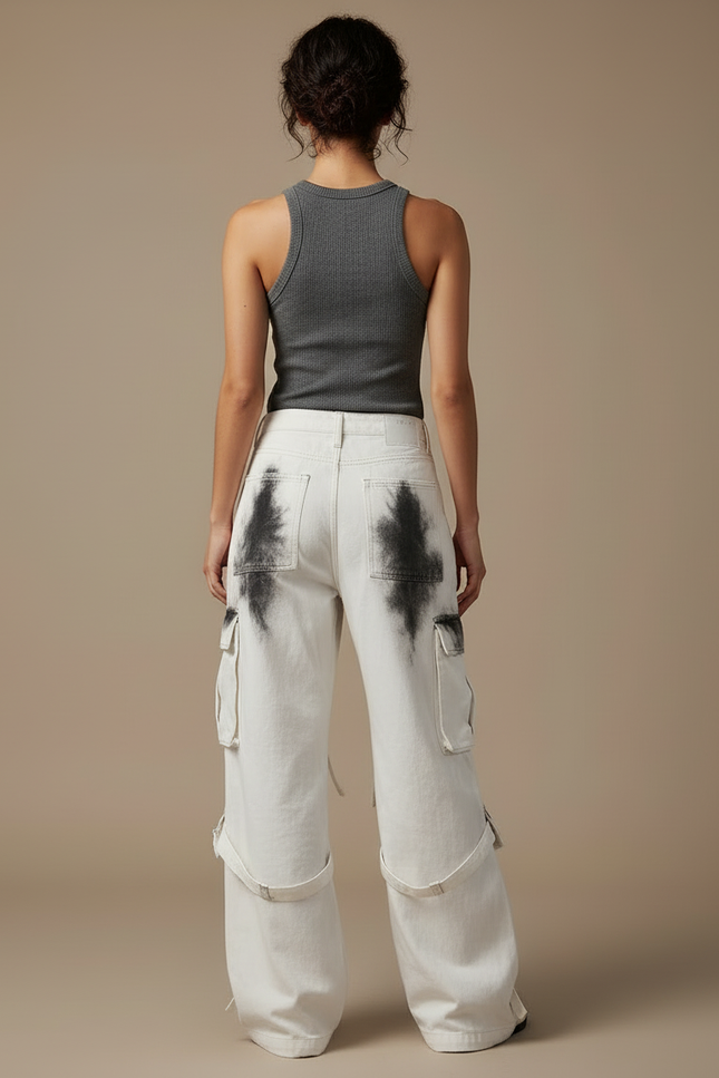 Pantalon Cargo Blanc Ample Imprimé Streetwear Femme - Toile - vue 2
