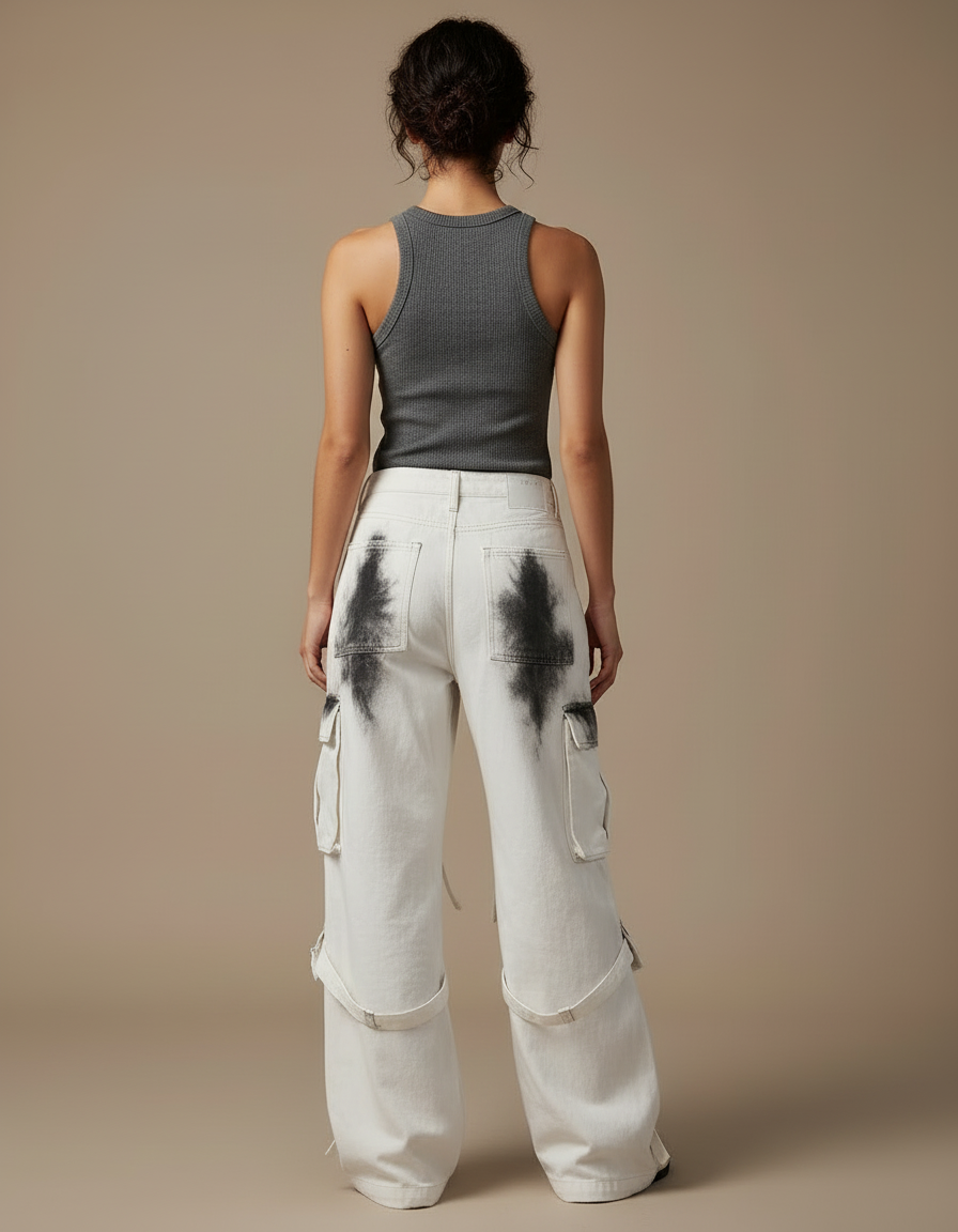 Pantalon Cargo Blanc Ample Imprimé Streetwear Femme - Toile - vue 2