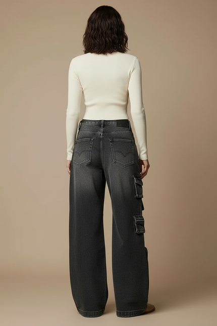 Pantalon Cargo Noir Ample Multipoches Délavé Femme - Gris Jean - vue 2