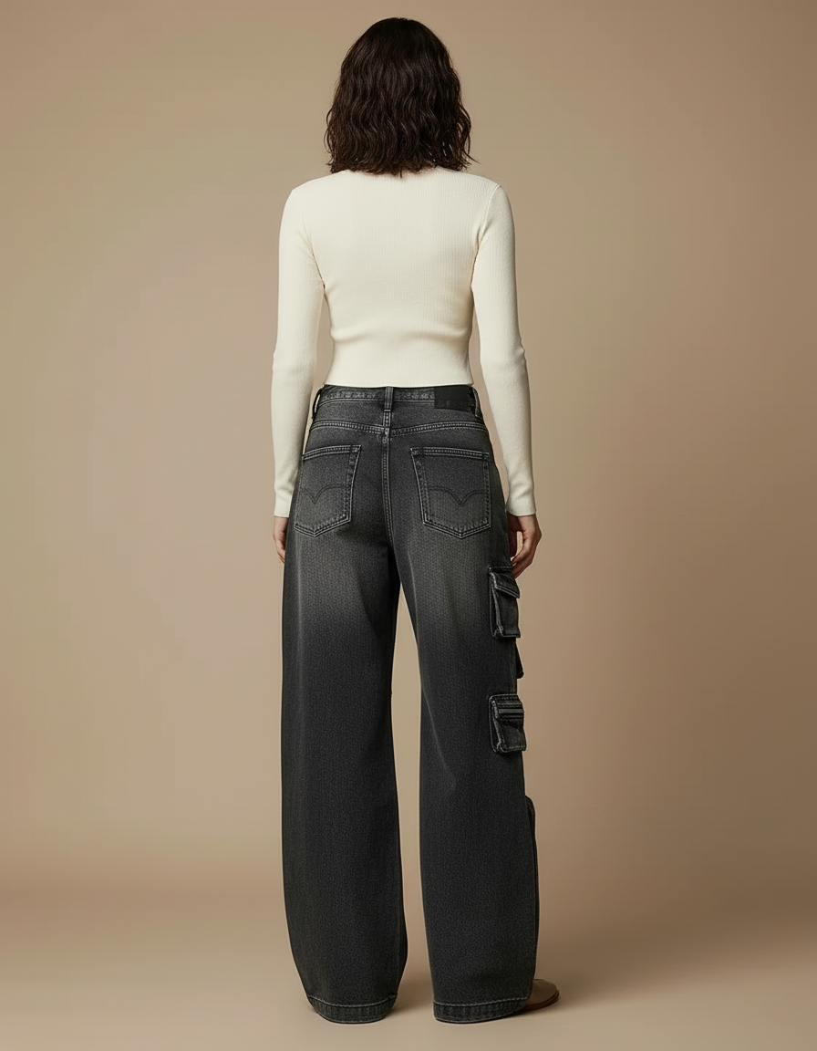 Pantalon Cargo Noir Ample Multipoches Délavé Femme - Gris Jean - vue 2