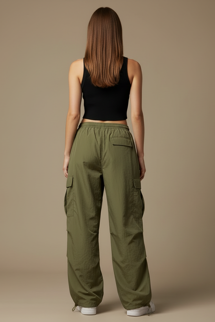 Pantalon Cargo Vert Fluide Ample Femme - Kaki Polyester - vue 2