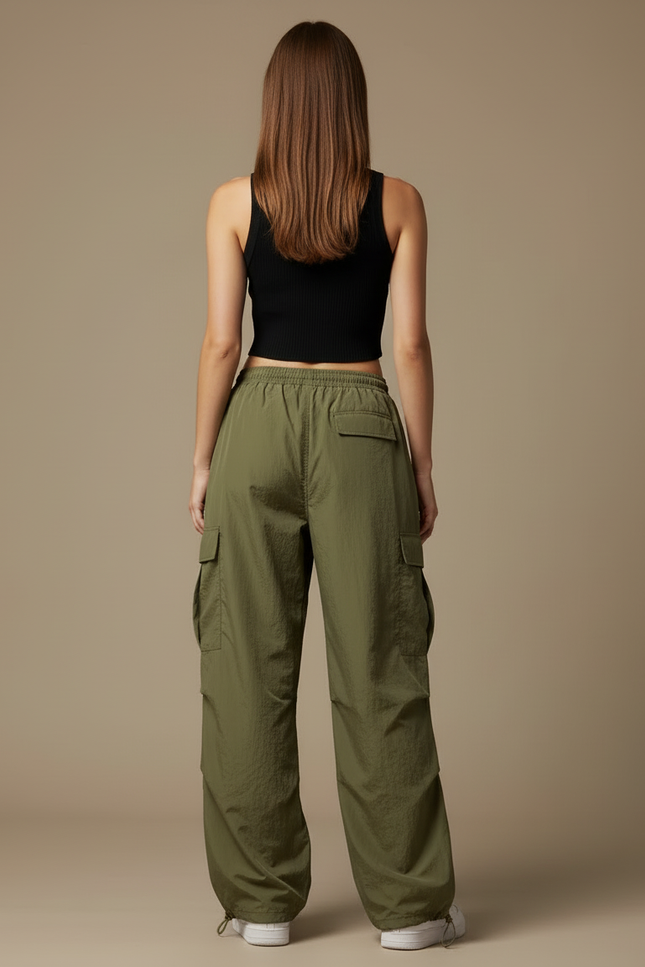 Pantalon Cargo Vert Fluide Ample Femme - Kaki Polyester - vue 2