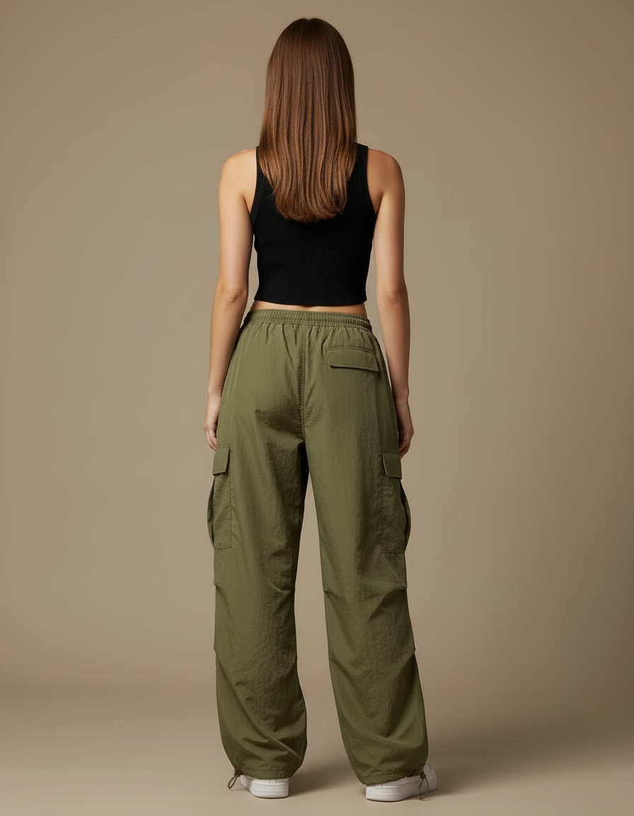 Pantalon Cargo Vert Fluide Ample Femme - Kaki Polyester - vue 2