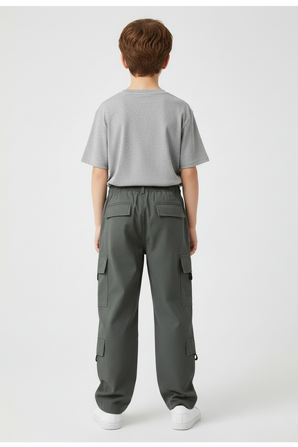 Pantalon Cargo Gris Ample Multipoches Garçon Décontracté - Kaki Toile - vue 2