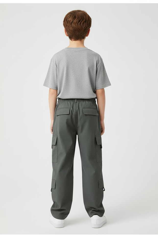 Pantalon Cargo Gris Ample Multipoches Garçon Décontracté - Kaki Toile - vue 2