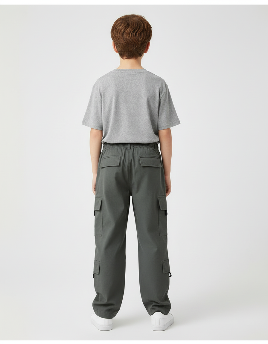 Pantalon Cargo Gris Ample Multipoches Garçon Décontracté - Kaki Toile - vue 2