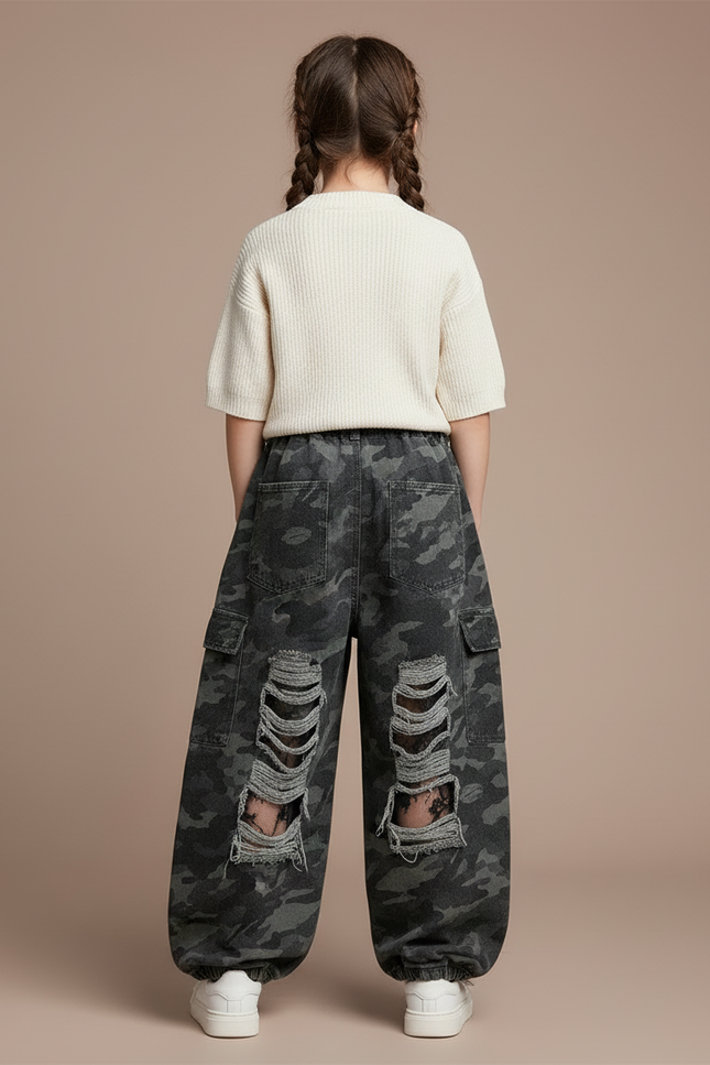 Pantalon Cargo Camouflage Ample Déchiré Enfant - Imprimé Jean - vue 2