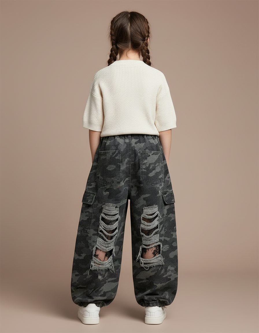Pantalon Cargo Camouflage Ample Déchiré Enfant - Imprimé Jean - vue 2