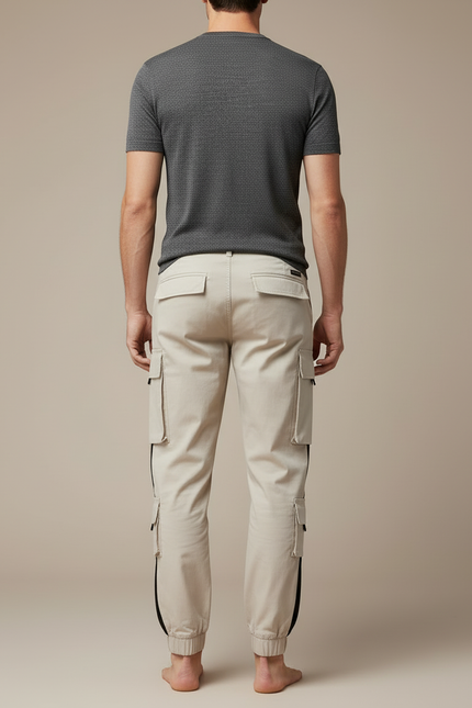 Pantalon Cargo Beige Bandes Noires Multipoches Jogger - Toile - vue 2