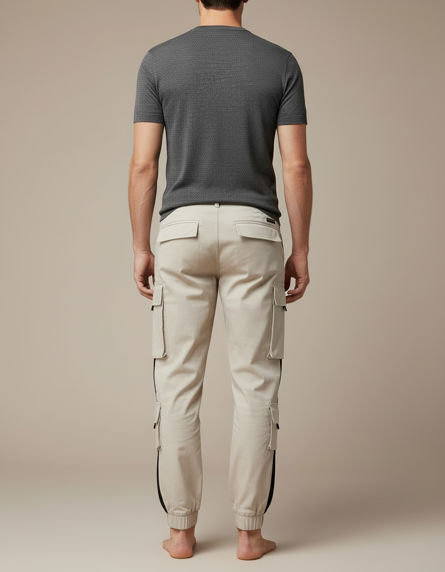Pantalon Cargo Beige Bandes Noires Multipoches Jogger - Toile - vue 2
