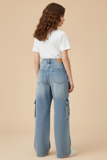 Pantalon Cargo Ample Délavé Délavé Multipoches Fille - Bleu Jean - vue 2