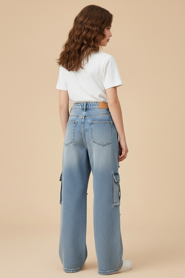 Pantalon Cargo Ample Délavé Délavé Multipoches Fille - Bleu Jean - vue 2