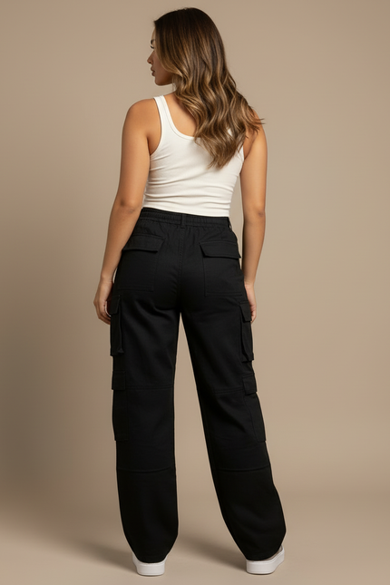 Pantalon Cargo Noir Ample Multipoches Streetwear Femme - Toile - vue 2