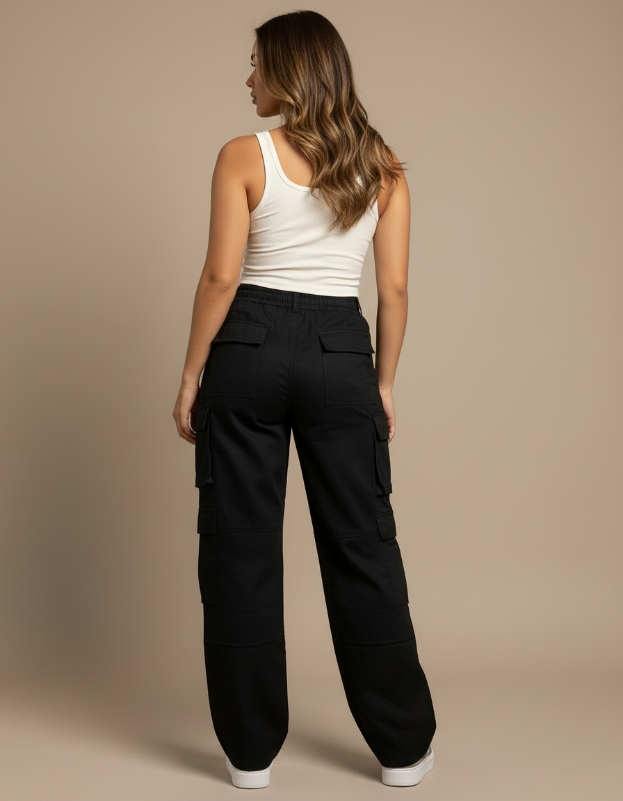 Pantalon Cargo Noir Ample Multipoches Streetwear Femme - Toile - vue 2