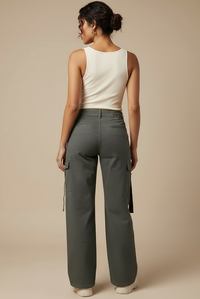 Pantalon Cargo Femme Vert Kaki Ample Décontracté Multipoches - Toile - vue 2