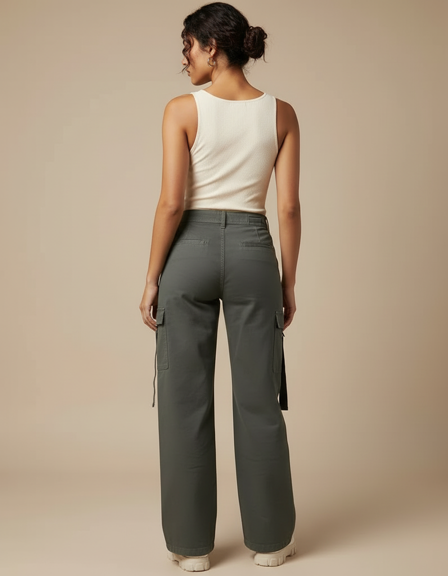 Pantalon Cargo Femme Vert Kaki Ample Décontracté Multipoches - Toile - vue 2