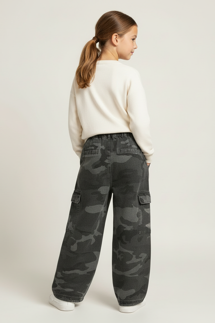 Pantalon Cargo Camouflage Ample Gris Fille Décontracté - Toile - vue 2