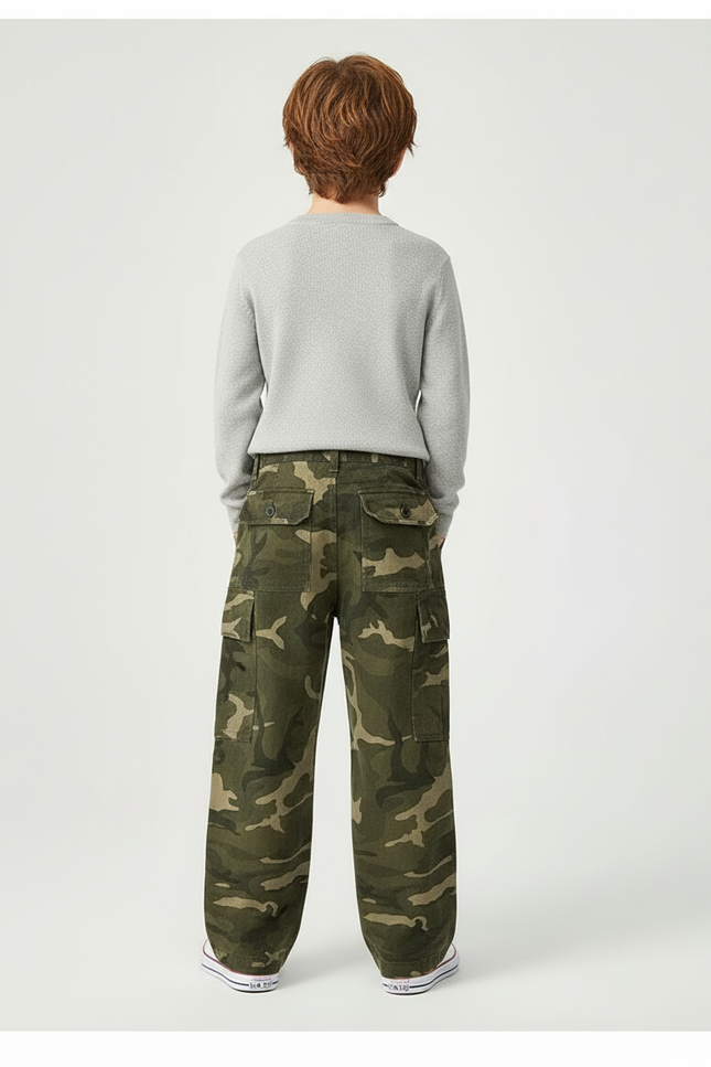 Pantalon Cargo Camouflage Ample Garçon Décontracté - Kaki Toile - vue 2