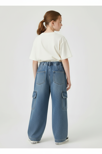 Pantalon Cargo Bleu Denim Ample Multipoches Enfant - Jean - vue 2