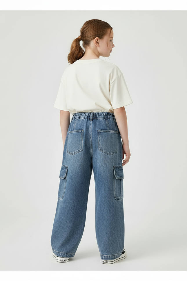 Pantalon Cargo Bleu Denim Ample Multipoches Enfant - Jean - vue 2