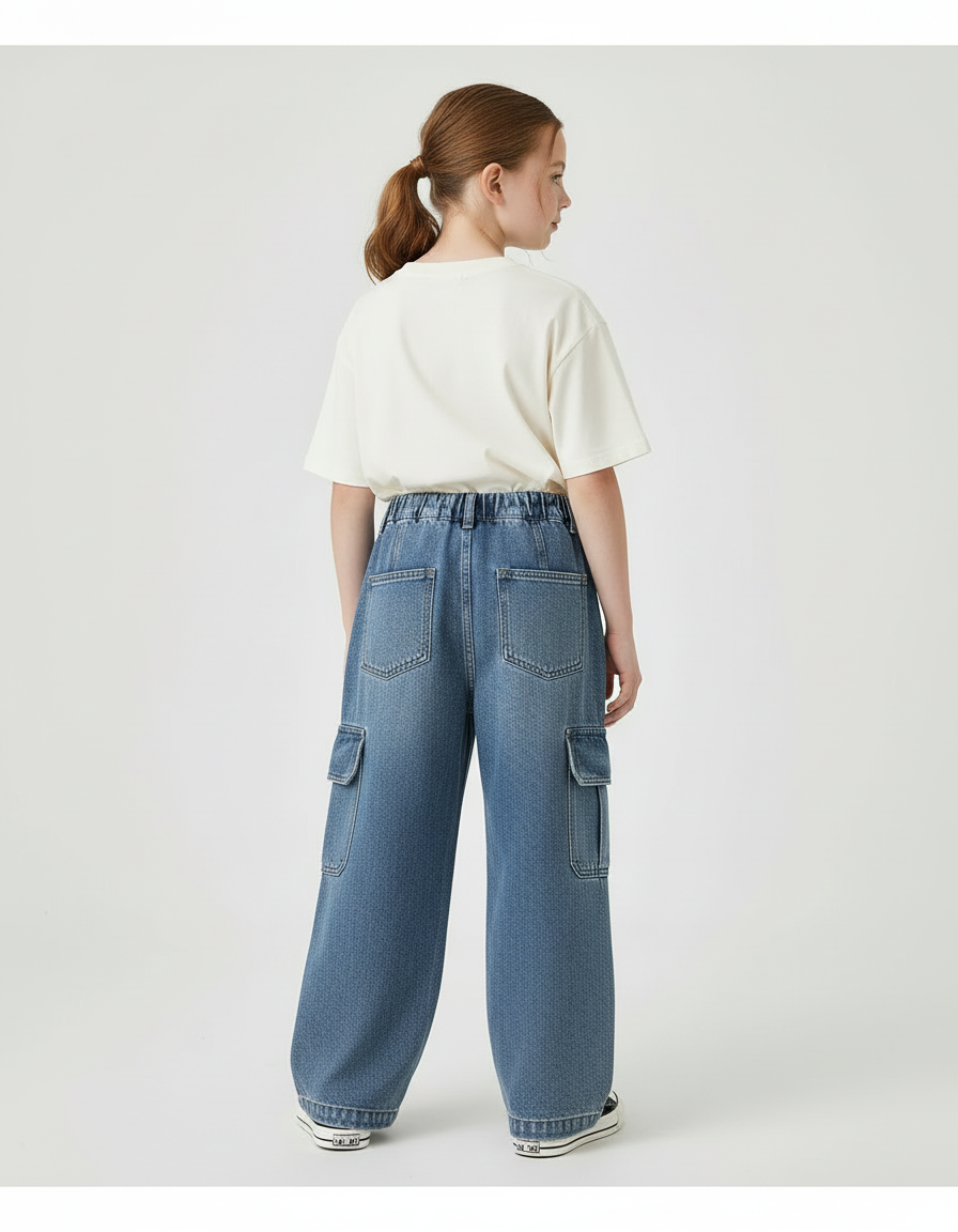 Pantalon Cargo Bleu Denim Ample Multipoches Enfant - Jean - vue 2