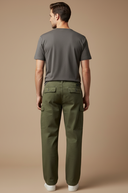Pantalon Cargo Vert Militaire Coton Ample Multipoches Décontracté - Kaki Toile - vue 2