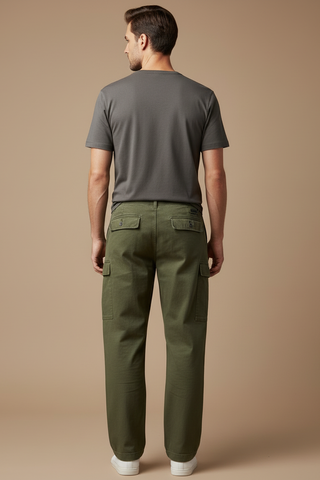 Pantalon Cargo Vert Militaire Coton Ample Multipoches Décontracté - Kaki Toile - vue 2