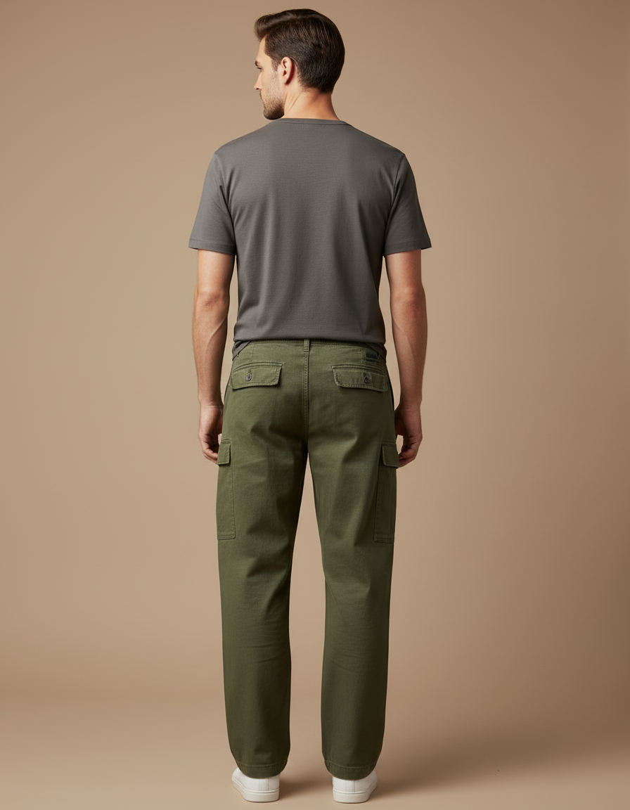 Pantalon Cargo Vert Militaire Coton Ample Multipoches Décontracté - Kaki Toile - vue 2