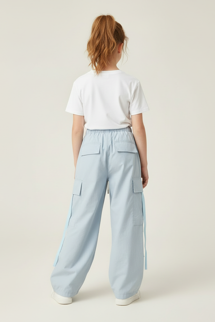 Pantalon Cargo Bleu Ciel Ample Poches Cordon Fille - Coton - vue 2