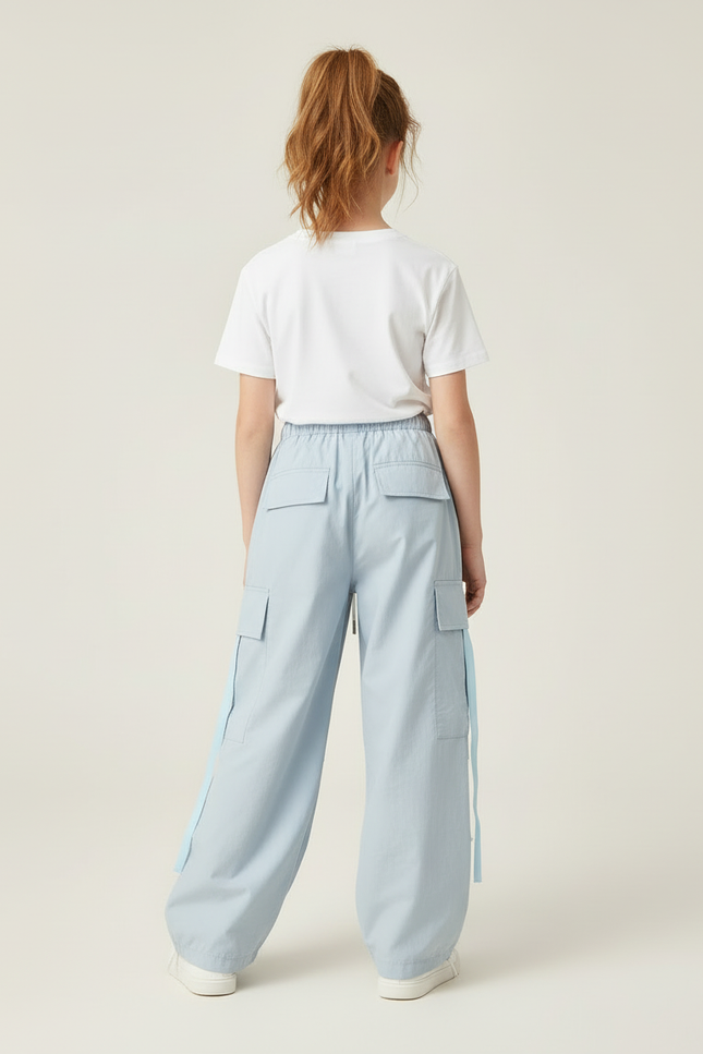 Pantalon Cargo Bleu Ciel Ample Poches Cordon Fille - Coton - vue 2
