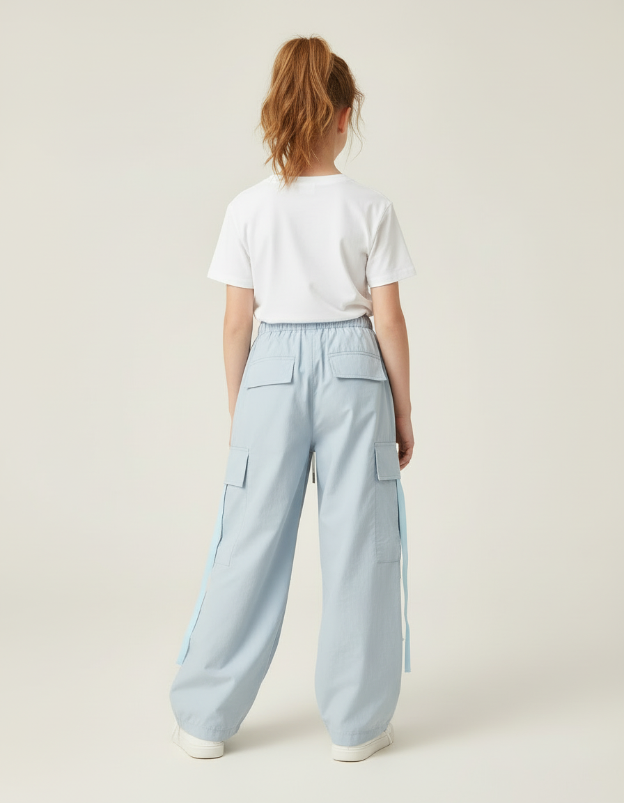 Pantalon Cargo Bleu Ciel Ample Poches Cordon Fille - Coton - vue 2